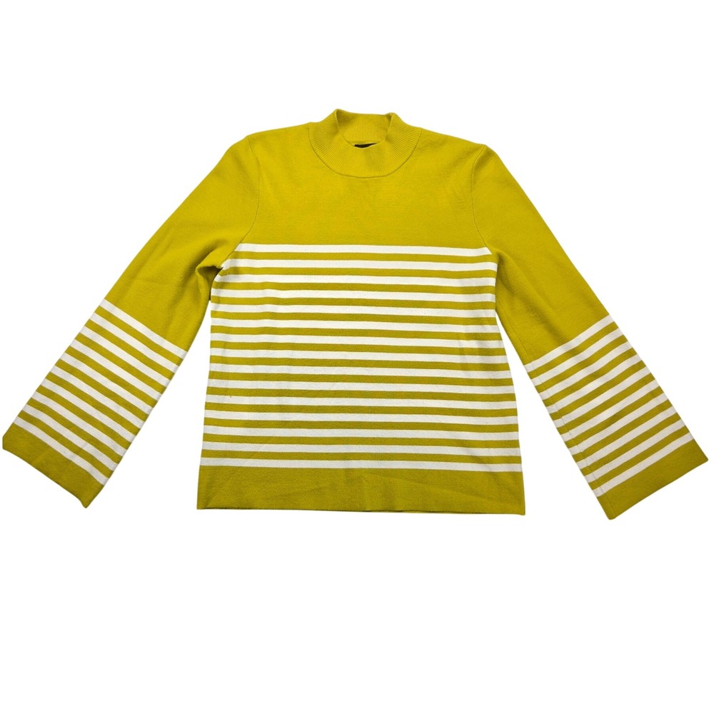 Calligraphie Knit Sweater High Neck Bell Long Sleeve Stripe Yellow Green Women M